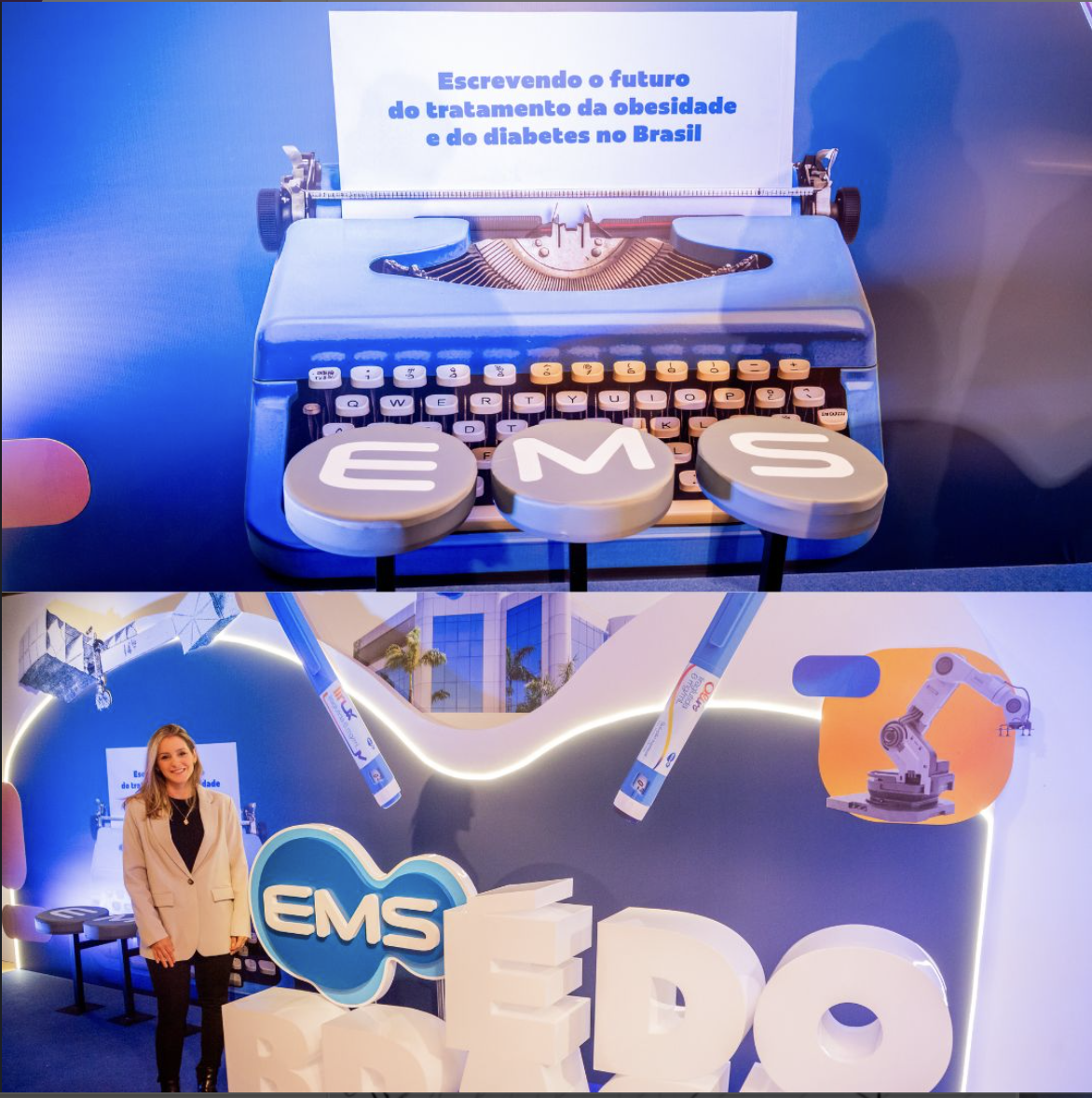 Ativação do lançamento de Olire e Lirux com máquina de escrever e espaço cenográfico da EMS
