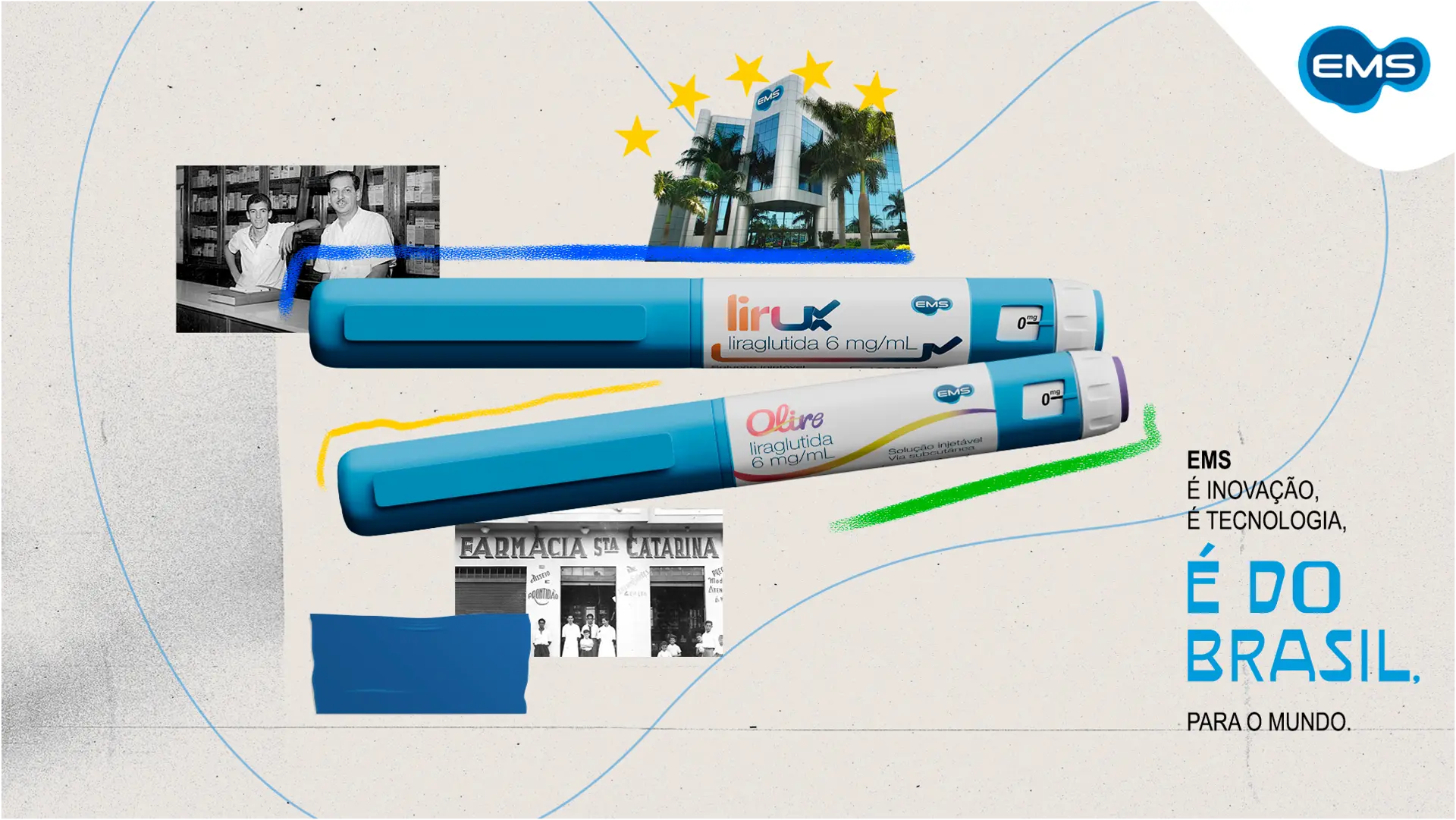 Key visual da campanha É do Brasil para o mundo para Olire e Lirux, da EMS