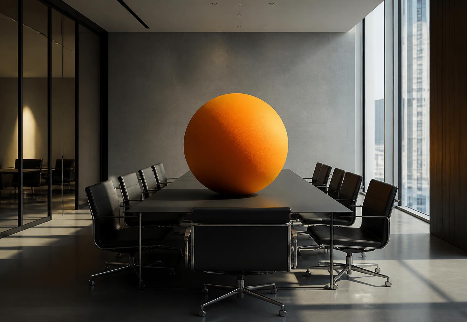 Sala de reunião corporativa minimalista com uma grande esfera laranja fora de escala sobre a mesa